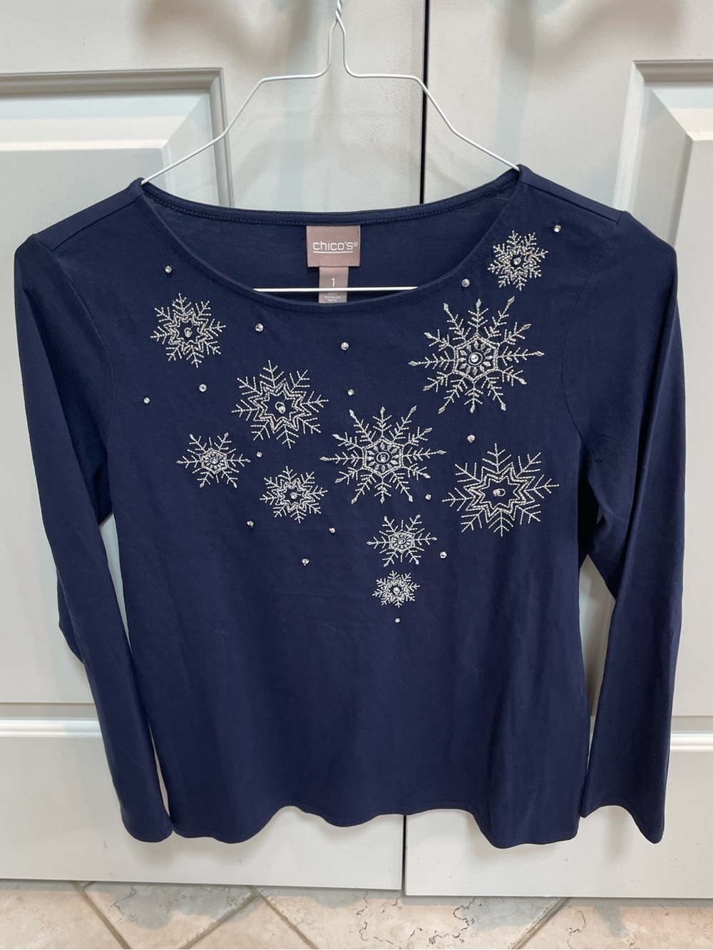 NWT Chico’s Navy Cotton Silver Beaded Boat Neck Long Sleeve Top Shirt Holidays
